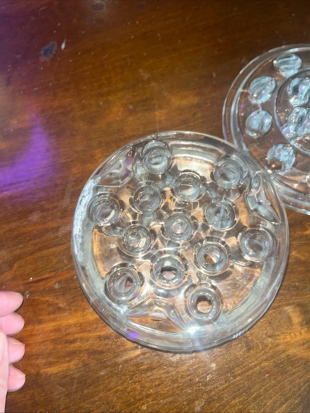 Two Vintage 5” 13 & 16 Hole Glass Flower Frogs Nice